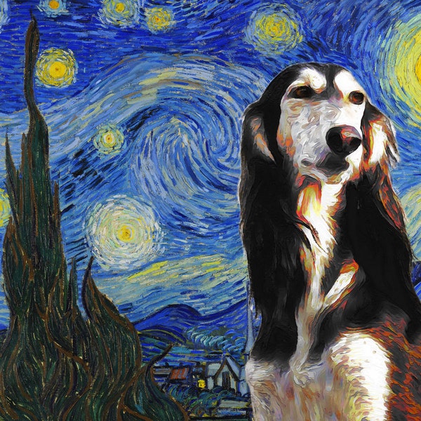 Saluki Art, CANVAS Starry Night Van Gogh, Persian Greyhound, Egyptian Hunting Dog Print and Mug, Personalized Dog Mom & Dad gifts
