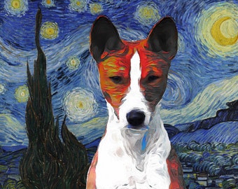 Basenji Art CANVAS Starry Night Van Gogh Customized Basenji Print and Mug Personalized Dog Portrait Mom & Dad gifts