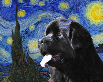 Newfoundland Dog Art CANVAS Starry Night Van Gogh Customized print Newfie Personalized Dog Portrait Mom & Dad gifts