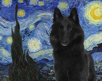 Belgian Sheepdog Dog Portrait Art Canvas - Custom Starry Night Van Gogh Print Personalized Gift for Mom Dad Shepherd Breed