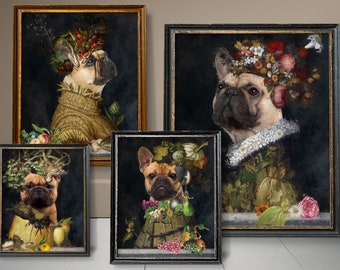 Four Seasons French Bulldog Art, Fawn Frenchie Dog Gifts, Winter, Spring, Summer, Autumn, Arcimboldo, Renaissance Dog Mom & Dad gifts