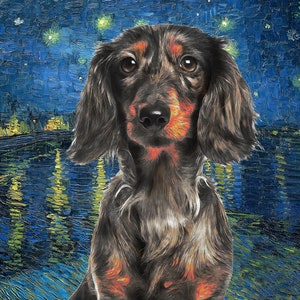 Dapple Long-haired Dachshund Art CANVAS Starry Night Van Gogh Merle Doxie Wiener Dog Print and Mug Personalized Dog Portrait Mom & Dad gifts