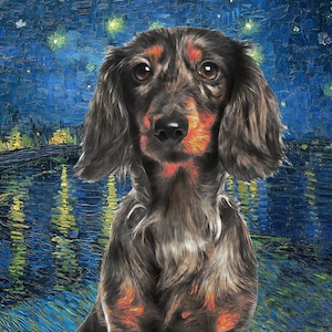 Dapple Long-haired Dachshund Art CANVAS Starry Night Van Gogh Merle Doxie Wiener Dog Print and Mug Personalized Dog Portrait Mom & Dad gifts