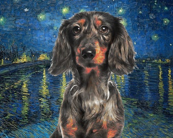 Dapple Langhaar Dackel Art CANVAS Starry Night Van Gogh Merle Doxie Wiener Dog Print und Becher Personalisiertes Hundeportrait Mama & Papa Geschenke