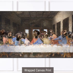 May include: A painting depicting a group of dogs dressed as humans, seated around a table. The dogs are of various breeds and colours, and they are all wearing clothing. The painting is a humorous take on Leonardo da Vinci's The Last Supper.