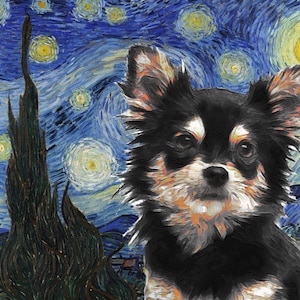Langharige chihuahua CANVAS Art Sterrennacht Van Gogh Aangepaste print zwarte chihuahua Gepersonaliseerde hondenportret cadeaus cadeaus