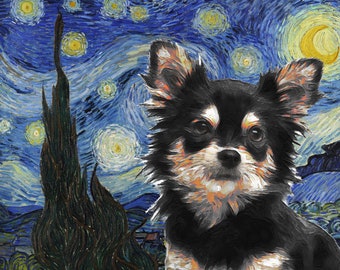 Lámina artística de chihuahua de pelo largo: Retrato de perro en la noche estrellada