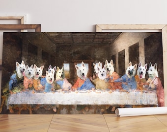 White German Shepherd Last Supper Canvas: Renaissance Dog Art, Personalized Pet Portrait