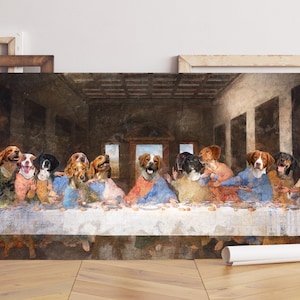 Bretagne-spaniël kunst laatste avondmaal van Leonardo Da Vinci, canvas galerijomslag, meesterwerk renaissance meesterwerk hond moeder en vader geschenken door adelhonden