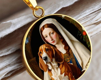 Basset Hound and Virgin Mary Dog Necklace, Basset Dog Pendant, Engrave Option, Custom Renaissance Dog, Personalized Memorial Jewelry