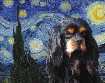 Black and Tan Cavalier King Charles Spaniel Kunst auf LEINWAND - Sternennacht von Van Gogh - Kundenspezifischer Druck für Cavalier Hundeliebhaber