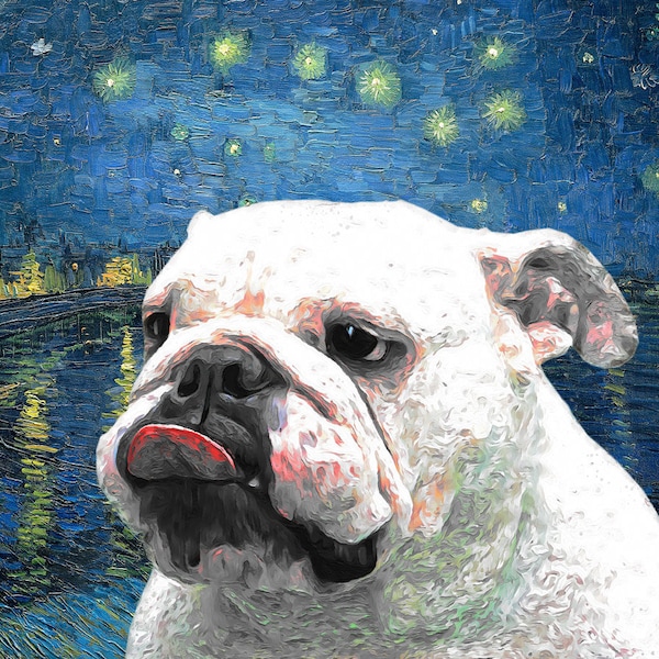 English Bulldog Art CANVAS Starry Night Over the Rhone Van Gogh Customized print White Bulldog Personalized Dog Portrait Mom & Dad gifts