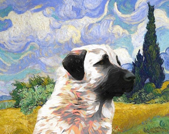 Customized Anatolian Shepherd Dog Canvas Portrait - Van Gogh Wheat Field and Cypresses - Personalized Kangal Dog - Ideal Mom and Dad Gifts