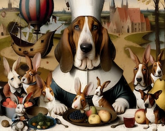 Basset Hound Surrealist Art, Basset Hound Rabbit&#39;s Chef Lowbrow Print, Hieronymus Bosch, CANVAS STRETCHED, Dog Mom & Dad gifts