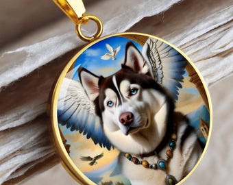 May include: A gold-colored pendant necklace featuring a round charm with a detailed image of a Husky dog with angel wings. The dog has blue eyes and a brown and white coat. The charm is suspended from a gold chain.