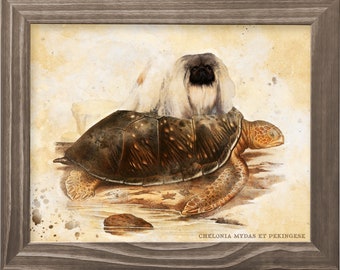 Pekingese Pekingese dog riding sea turtle Art Vintage Print Ad (CANVAS Print, Fine Art Print, Mug, Pillow, Tote Bag) Dog Mom & Dad gifts