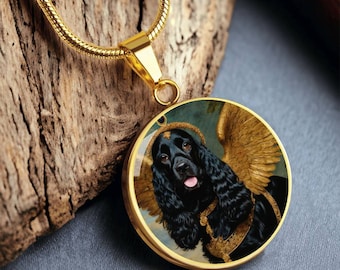 Black Cocker Spaniel Necklace, English Cocker Dog Angel Pendant with Engraving Option, Renaissance Dog Gifts, Custom Dog Jewelry