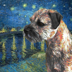 Border Terrier Art CANVAS Starry Night Over the Rhone Van Gogh Customized print Border Terrier Gifts choose Wall Art Portrait   WFH Art