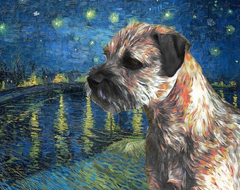 Border Terrier Art CANVAS Starry Night Over the Rhone Van Gogh Customized print Border Terrier Gifts choose Wall Art Portrait   WFH Art