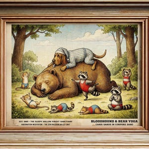 May include: A framed print titled "Bloodhound & Bear Yoga" featuring a brown bear, a bloodhound in pajamas, raccoons, and mice in a forest setting. The artwork has a vintage style with text at the bottom: "EST. 1885 THE SLEEPY HOLLOW FOREST SANCTUARY".