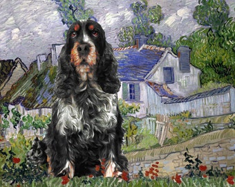 Black White and Tan Cocker Spaniel Houses at Auvers Art CANVAS Van Gogh Customized print English Cocker Dog Mom & Dad Personalized gifts