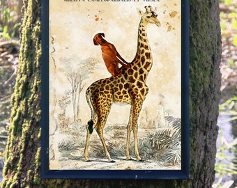 Vizsla dog riding giraffe Art Vintage Print Ad (CANVAS Print, Fine Art Print, Mug, Pillow, Tote Bag) Gifts for Dog Mom & Dad