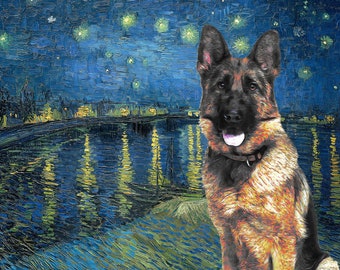 German Shepherd Art Print: Van Gogh Starry Night Style, Personalized Dog Portrait