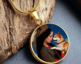 Collier Shiba Inu et Vierge Marie, Pendentif chien Shiba rouge avec option de gravure, Cadeaux Renaissance pour chien, Bijoux personnalisés pour chien