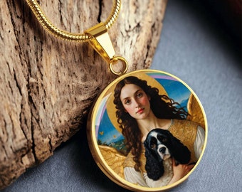 Cocker Spaniel and Guardian Angel Necklace, Cocker Dog Pendant with Engraving Option, Renaissance Dog Gifts, Custom Dog Memorial Jewelry