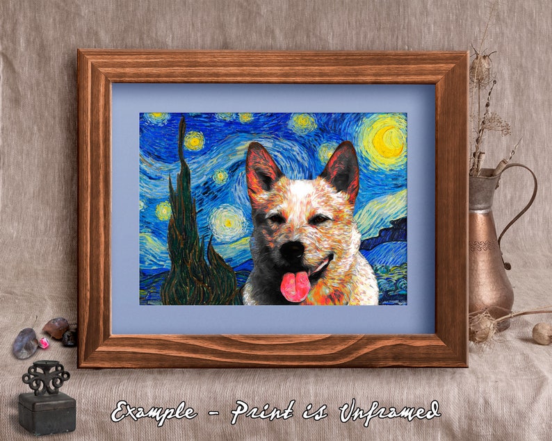 Red Heeler Art CANVAS, Van Gogh Starry Night Print, Customized Australian Cattle Dog Portrait Mom & Dad gifts image 4