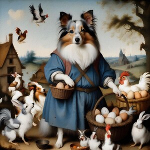 Blue Merle Sheltie Art, Shetland Sheepdog Egg Collector, Hieronymus Bosch Style, CANVAS STRETCHED,Surrealist Art, Dog Mom & Dad gifts