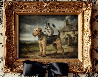Lienzo vintage de Airedale Terrier y Erizo deshollinador / Decoración de pared original / Retrato de mascota victoriano