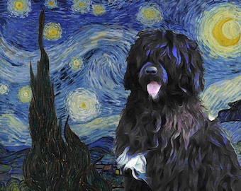 Portuguese Water Dog Art Print: Van Gogh Starry Night Style, Personalized Portie Portrait