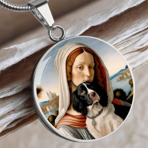 Brittany Dog Pendant, Brittany Spaniel and Virgin Mary Necklace, Engraving Option, Renaissance Dog Gifts, Custom Dog Jewelry