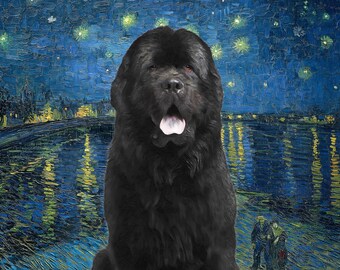 Customized Newfoundland Dog Art CANVAS Starry Night over The Rhone print Van Gogh Newfie Personalized Dog Portrait Mom & Dad gifts