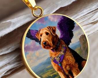 Collier ange chien Airedale Terrier, pendentif ange chien, option de gravure, chien Renaissance personnalisé, bijoux commémoratifs personnalisés