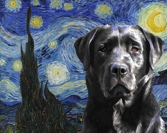 Black Labrador Starry Night Art Print: Van Gogh Style Dog Portrait