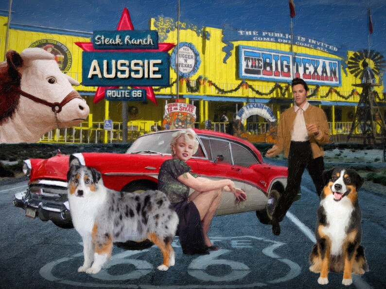 Australian Shepherd Route 66 Vintage Print Classic Hollywood Company CANVAS Art original Aussie Dog gifts