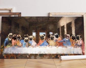 Lienzo de la Última Cena de Pug: Impresión de perro renacentista, regalo conmemorativo para mascotas, retrato personalizado de mascota