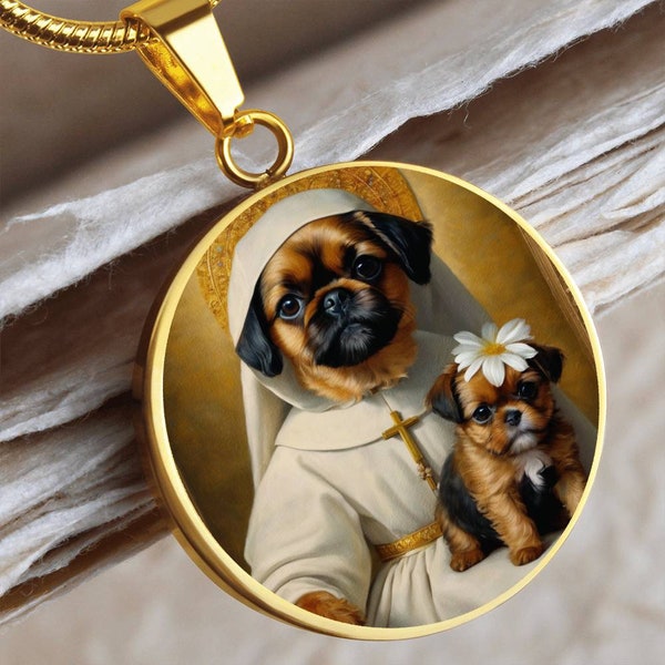 Virgin Mary Brussels Griffon and puppy Dog Necklace, Renaissance Griffon Dog Pendant, Engraving Option, Renaissance Dog, Custom Dog Jewe