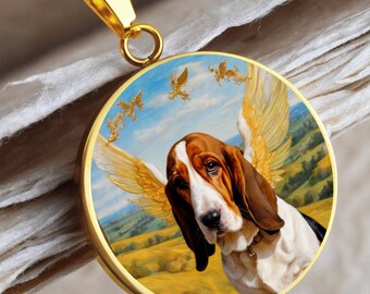 Collier Basset Hound ange chien, pendentif ange chien, option de gravure, chien Renaissance personnalisé, bijoux commémoratifs personnalisés