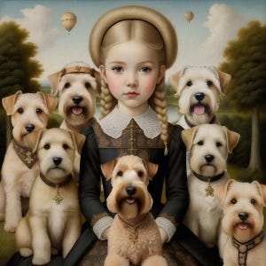 Girl addicted with a Wheaten Terriers, Soft Coated Wheaten Terrier Art, Mark Ryden Art, Lowbrow, Pop Surrealist Art, Dog Mom & Dad gifts