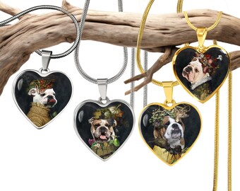English Bulldog Dog Gifts, Bulldog Pendant Four Seasons Giuseppe Arcimboldo, Gold or Silver Necklace, Renaissance Dog Jewelry