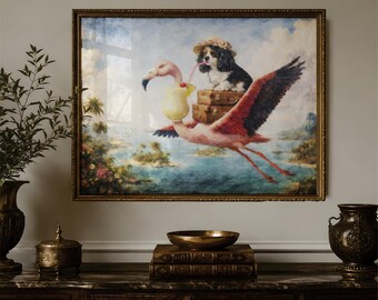 Cavalier King Charles Spaniel Flying Flamingo Art | Quirky Tropical Decor | Whimsical Canvas Print