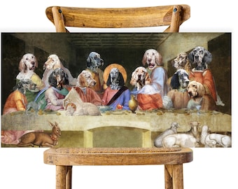 Arte de la Última Cena con un Setter Inglés: Lámina de perro renacentista, regalo para amantes de los perros, retrato personalizado de mascota.