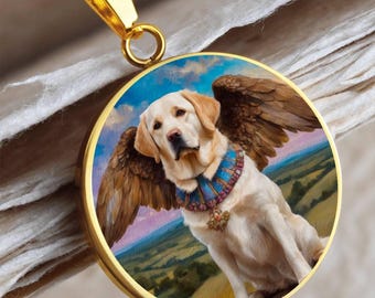 Collar Ángel Labrador Amarillo: Colgante conmemorativo para perro estilo Renacimiento, opción de grabado.