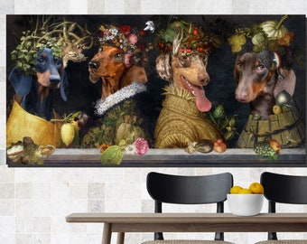 Dachshunds Gifts, Sausage Dog Art, Winter Spring Summer Autumn Four Seasons Arcimboldo, Renaissance Doxie Dog, Dining Room Decor, Kitchen