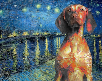 Vizsla Art CANVAS Sternennacht über der Rhone Kundenspezifische ungarische Vizsla Druck und Tasse Personalisierte Hundeporträt Mama & Papa Geschenke