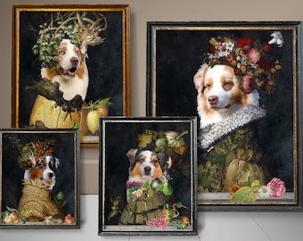 Australian Shepherd Gifts, Aussie Dog Art, Winter, Spring, Summer, Autumn, Four Seasons Arcimboldo, Renaissance Dog Mom & Dad gifts