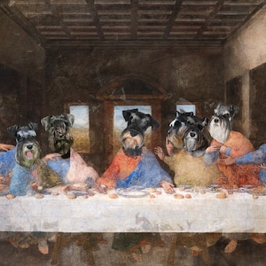 Miniature Schnauzer Last Supper Art, LIMITED EDITION Canvas Gallery Wrap, Renaissance Masterpiece Famous Painting, Dog Mom & Dad gifts